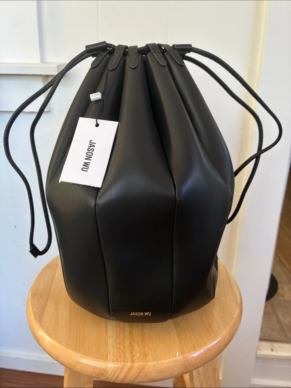 Jason Wu Black Leather Pleated Drawstring Bucket Bag